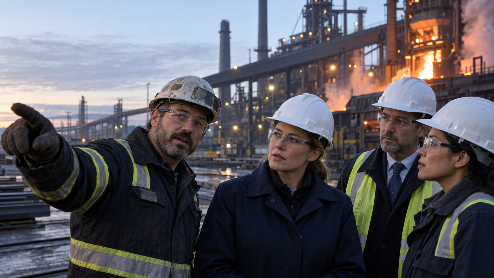 An international executive listens to a steelworker during an early-morning visit to an operating steel plant, accompanied by an engineer and a local representative