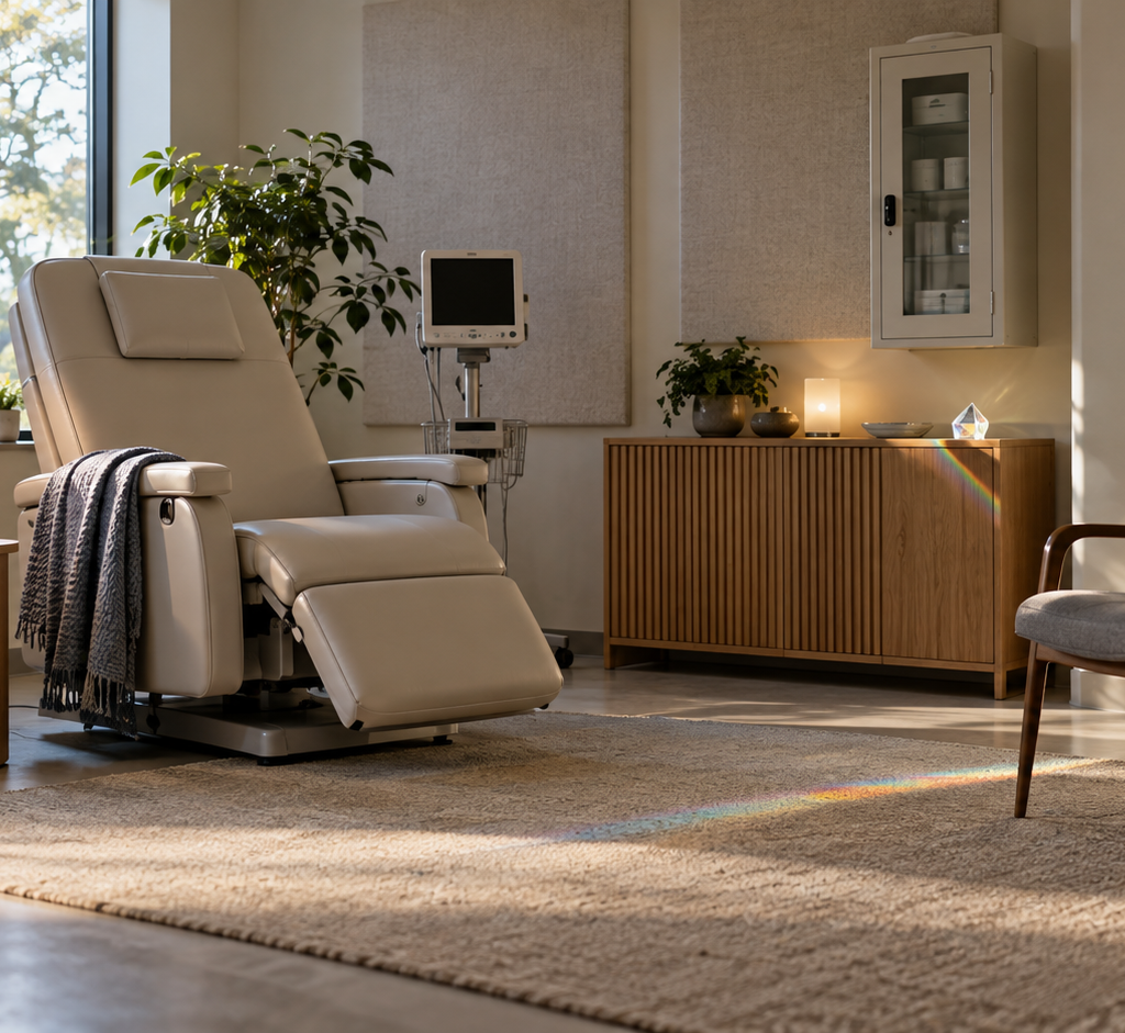 An empty clinical treatment room with a reclining chair, two support seats and a narrow prism of colored light crossing the floor.