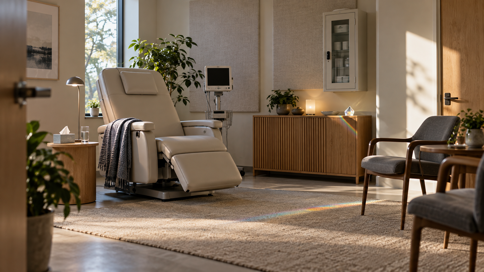 An empty clinical treatment room with a reclining chair, two support seats and a narrow prism of colored light crossing the floor.