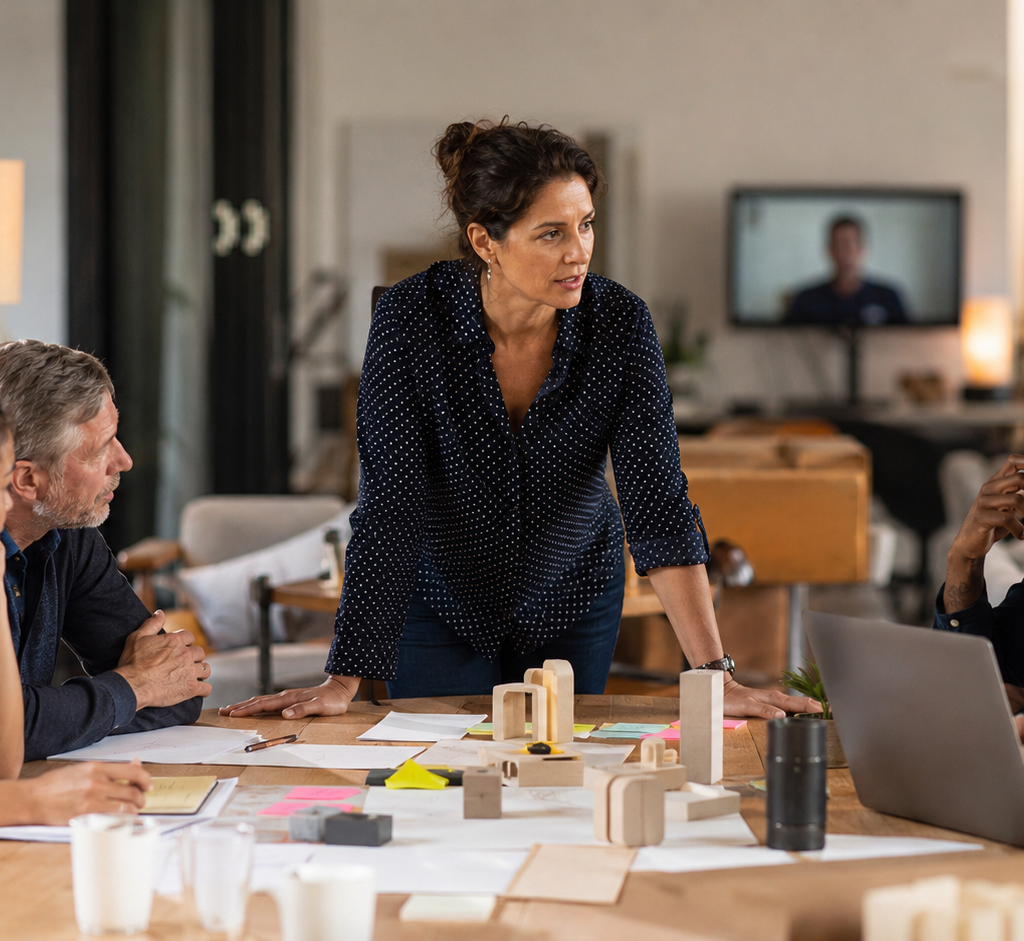 A manager pulls an empty chair into a diverse team’s working circle as colleagues make room for another participant