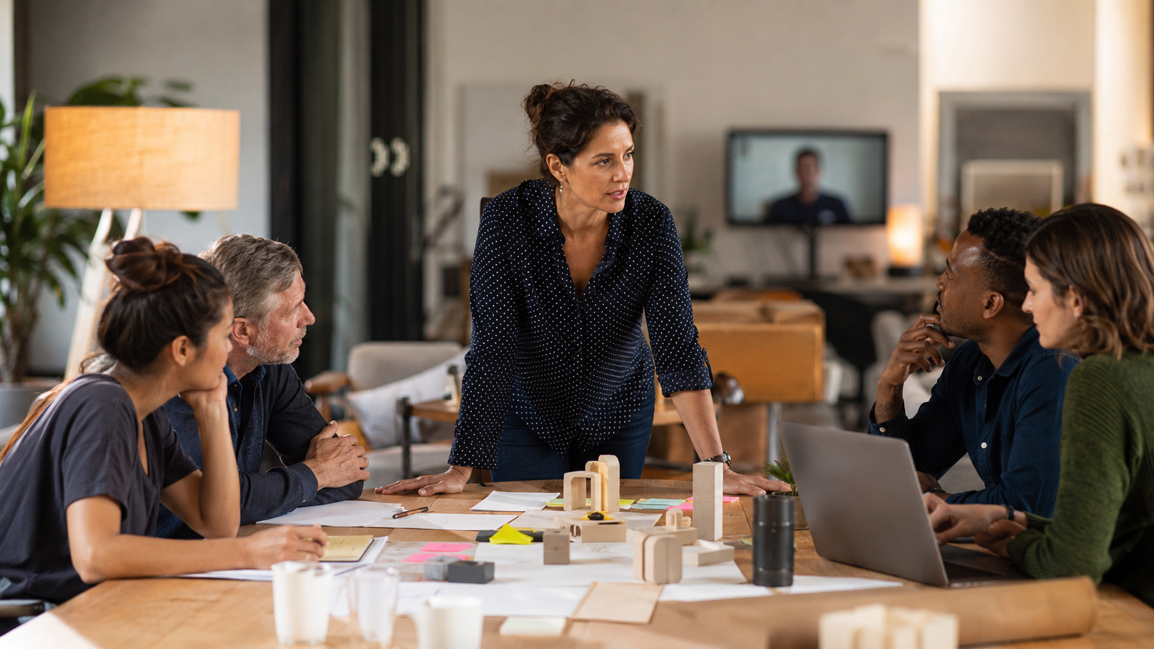 A manager pulls an empty chair into a diverse team’s working circle as colleagues make room for another participant