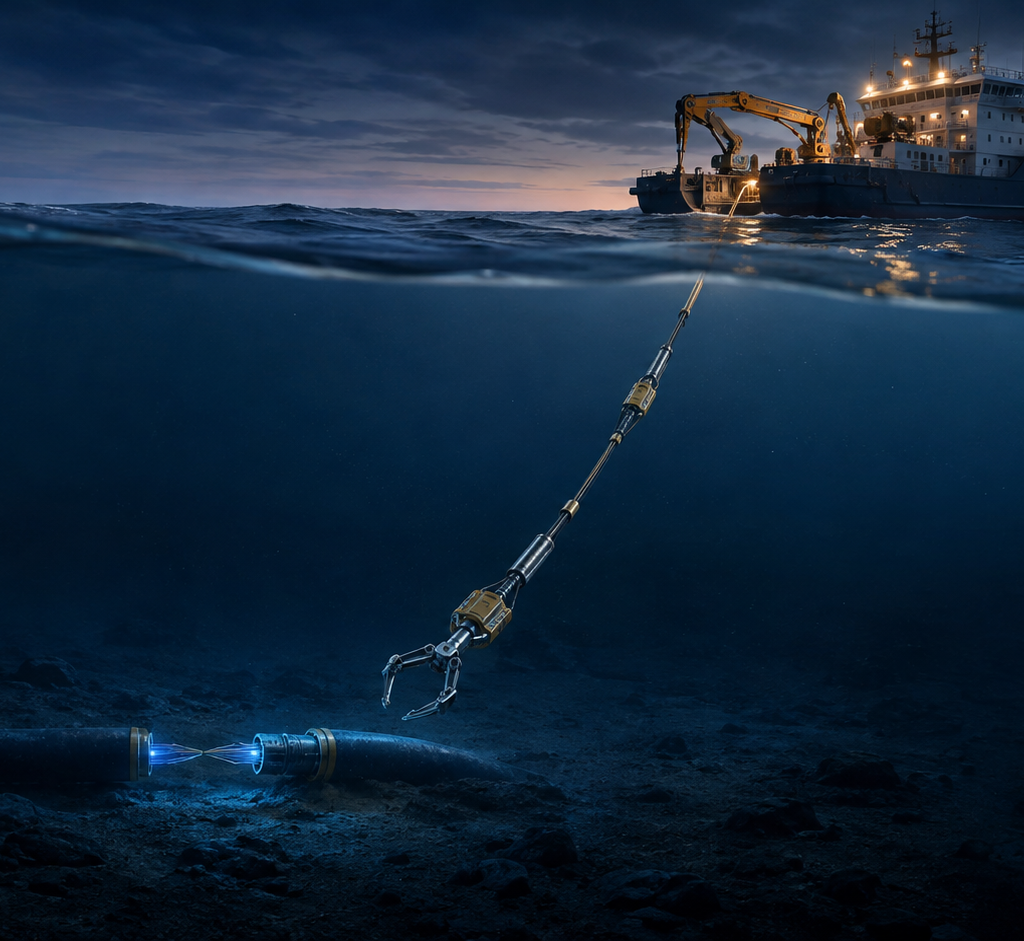 A cable-repair vessel lowers specialized recovery equipment toward a broken fiber-optic cable on the dark seabed