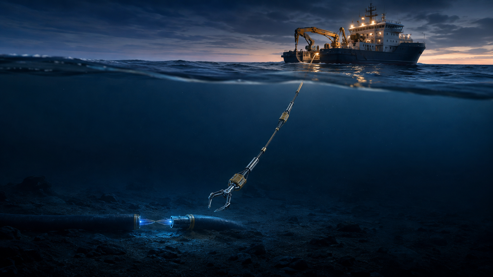 A cable-repair vessel lowers specialized recovery equipment toward a broken fiber-optic cable on the dark seabed