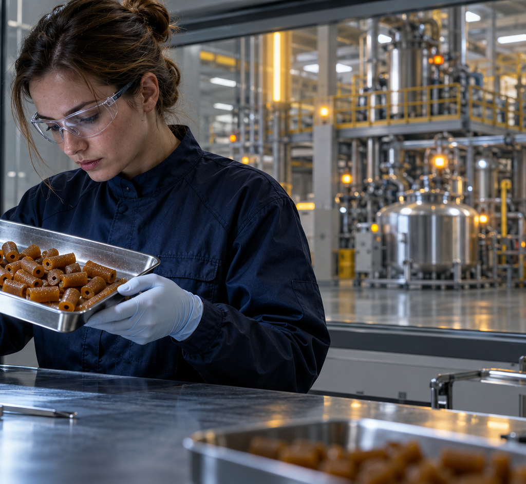 A materials scientist inspects perforated propellant grains in a protected quality-control laboratory overlooking a modern chemical production hall.