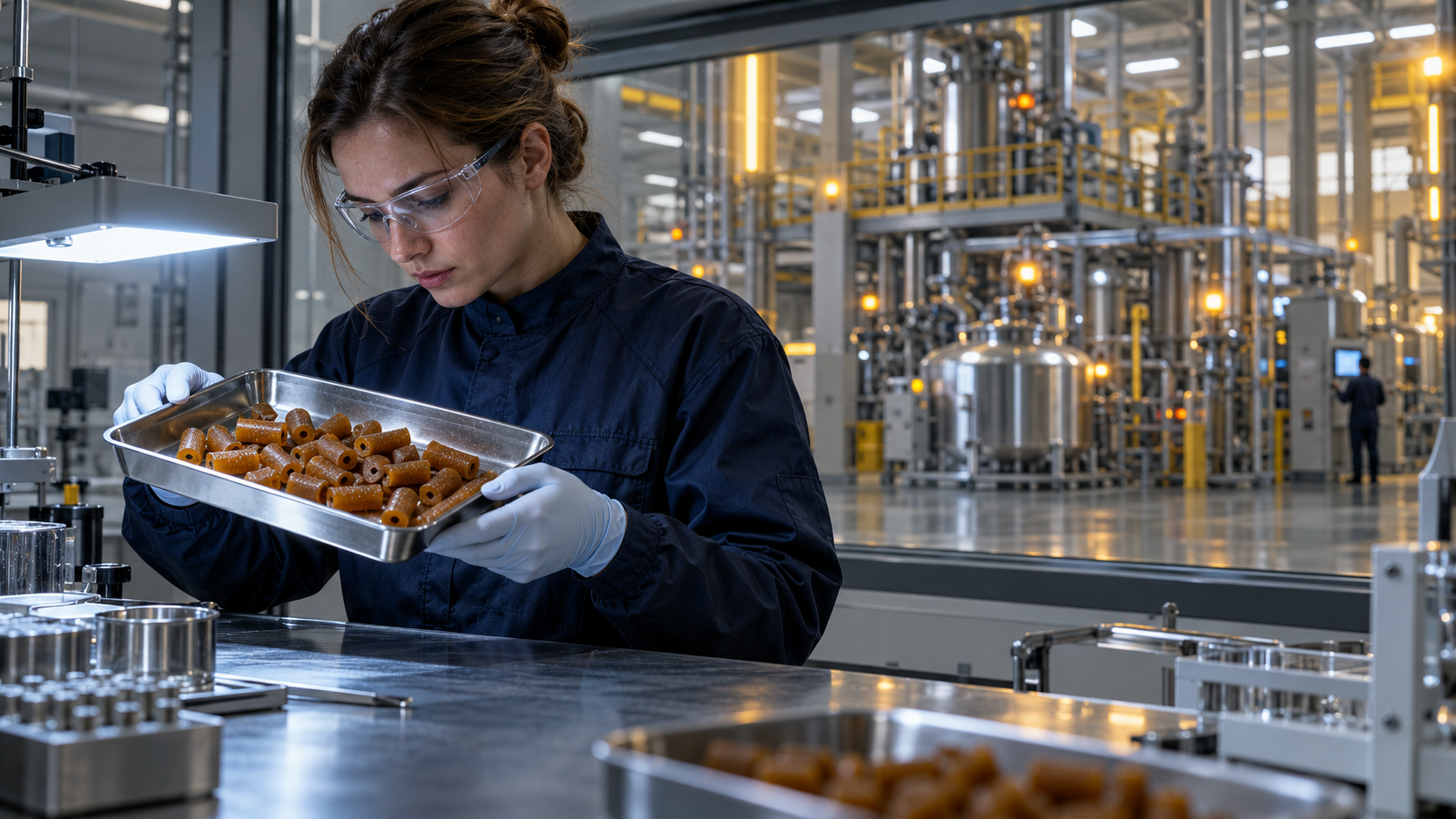 A materials scientist inspects perforated propellant grains in a protected quality-control laboratory overlooking a modern chemical production hall.