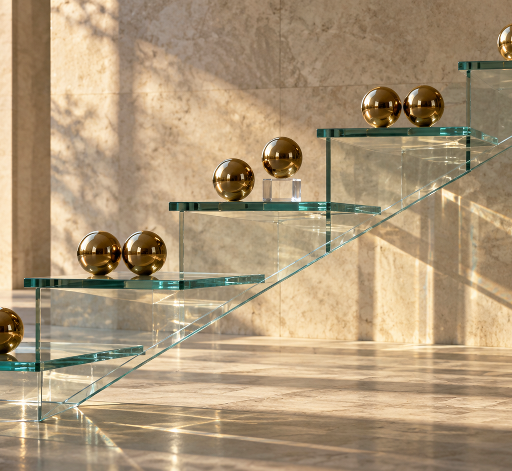 Paired brass spheres rest on the levels of a transparent glass staircase, with one uneven pair revealing a break in the pattern.
