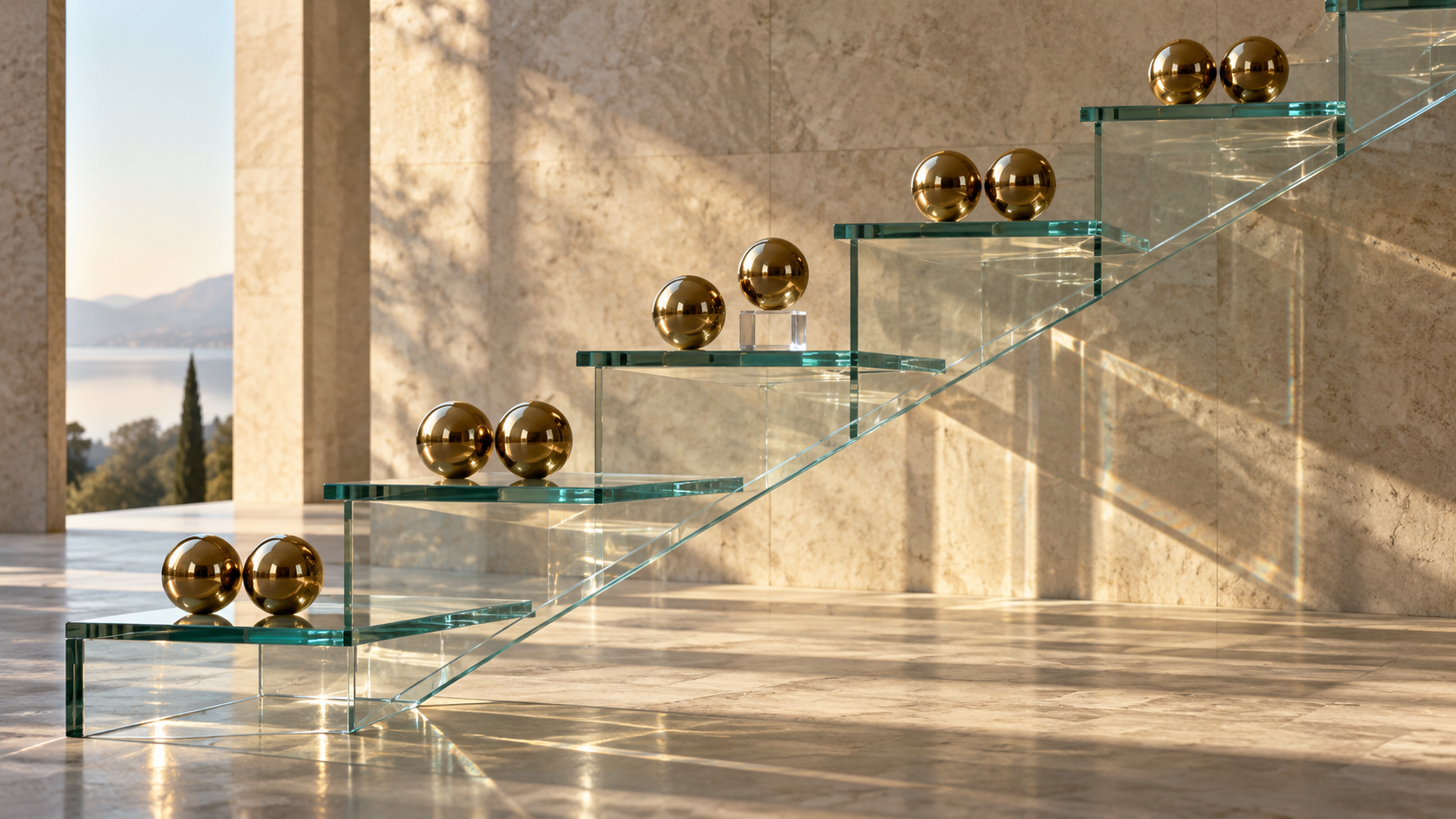 Paired brass spheres rest on the levels of a transparent glass staircase, with one uneven pair revealing a break in the pattern.