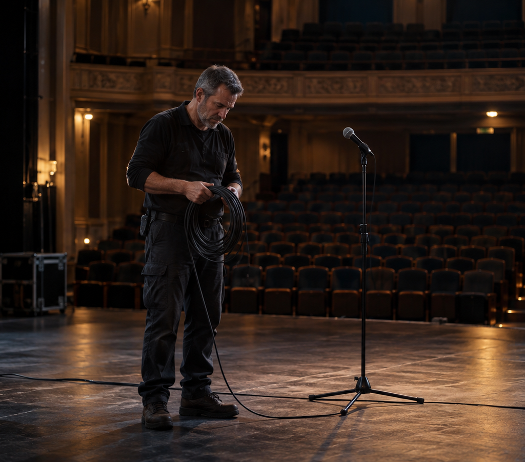 A stage technician coils an audio cable beside an unused microphone in an empty concert hall after an event cancellation.
