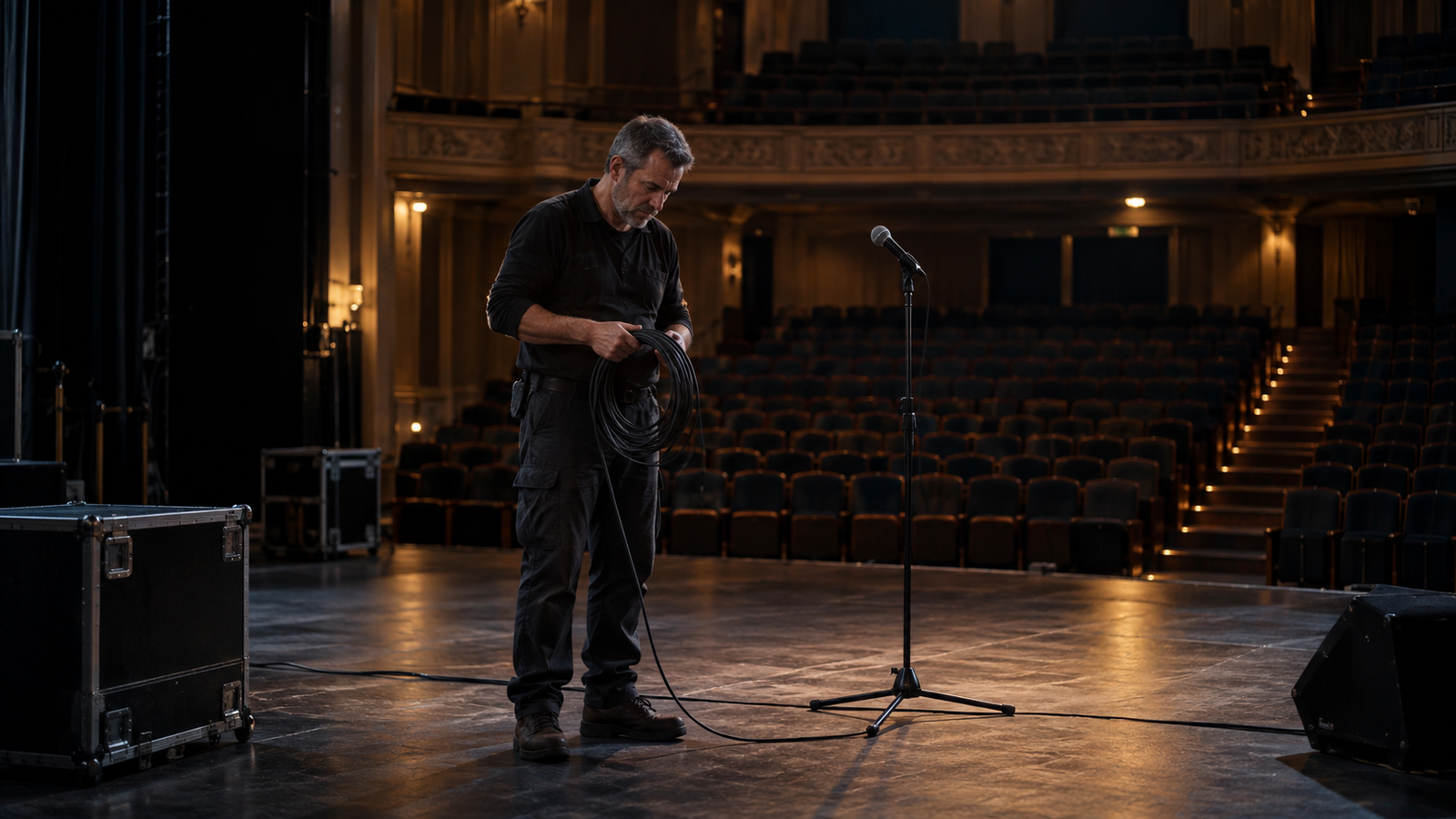 A stage technician coils an audio cable beside an unused microphone in an empty concert hall after an event cancellation.