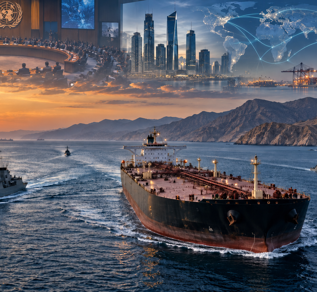 Oil tanker and naval destroyer cross the Strait of Hormuz beneath imagery of diplomacy, finance, ports and global trade routes.