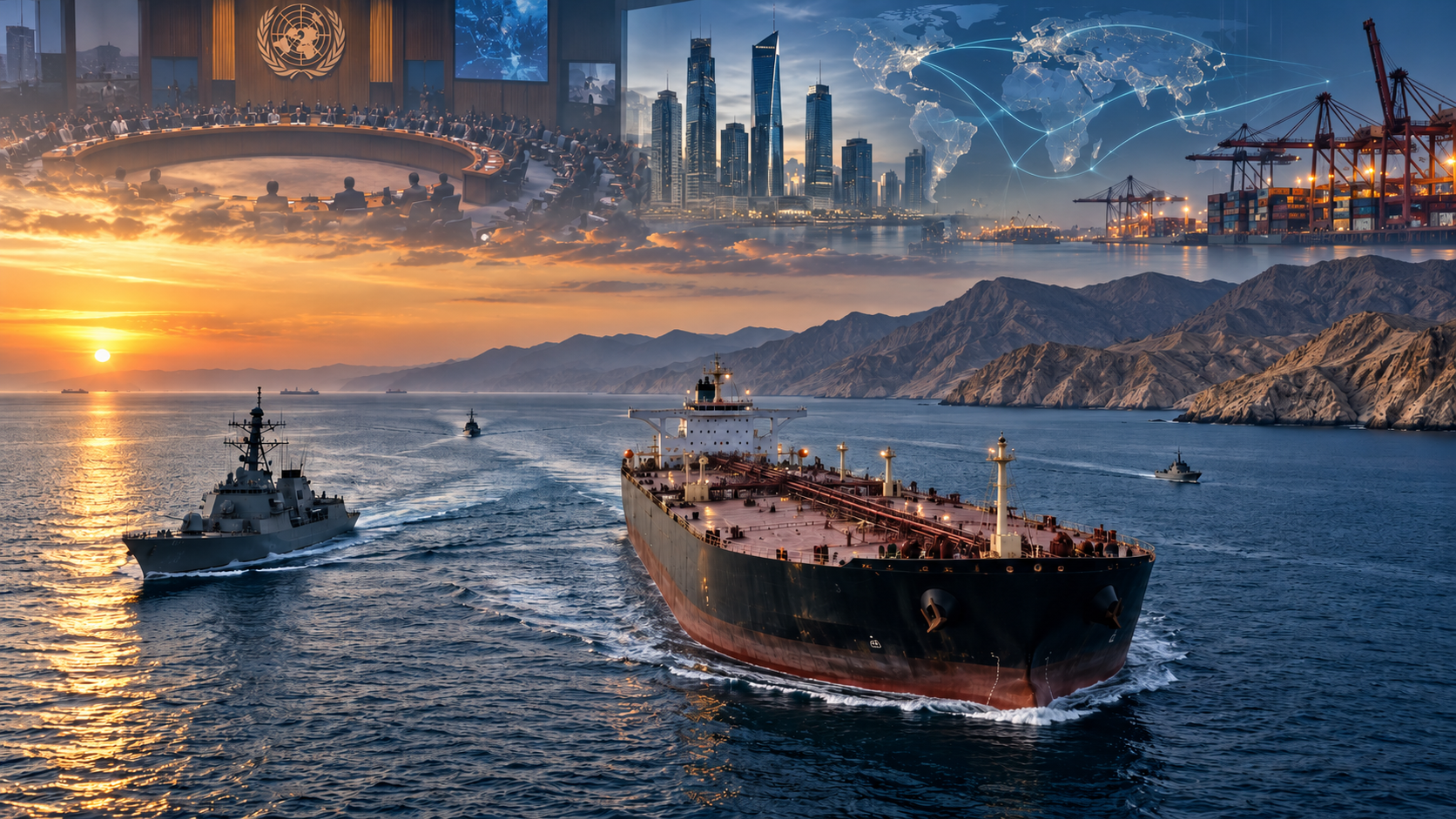 Oil tanker and naval destroyer cross the Strait of Hormuz beneath imagery of diplomacy, finance, ports and global trade routes.