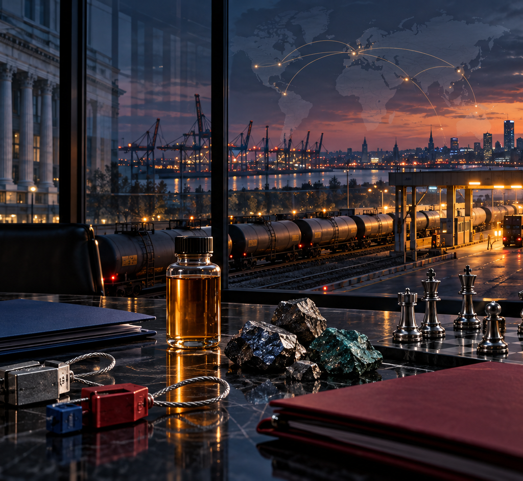 A geopolitical strategy table overlooks a fuel train and global trade routes, symbolizing sanctions, energy security and international competition.