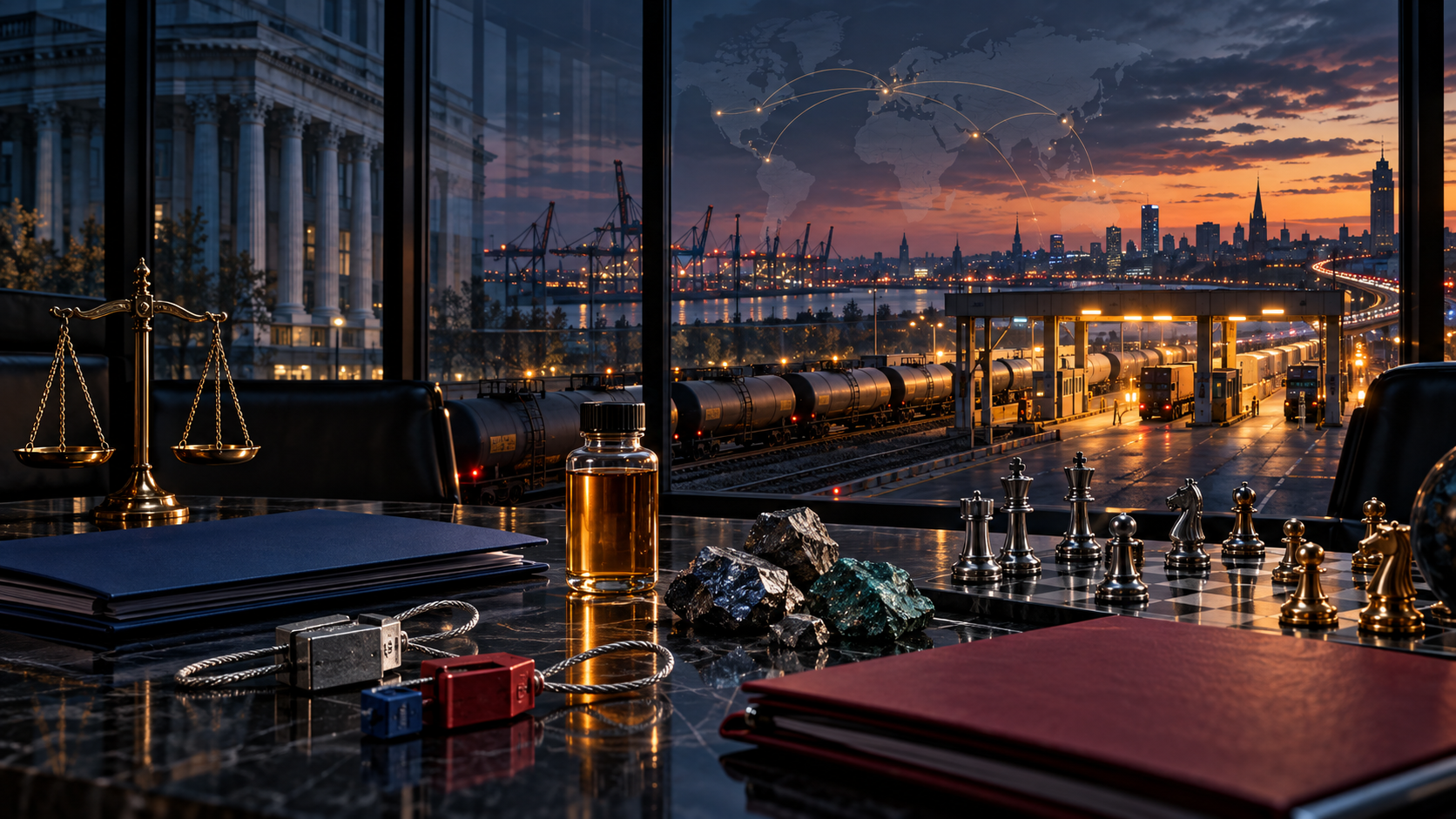 A geopolitical strategy table overlooks a fuel train and global trade routes, symbolizing sanctions, energy security and international competition.