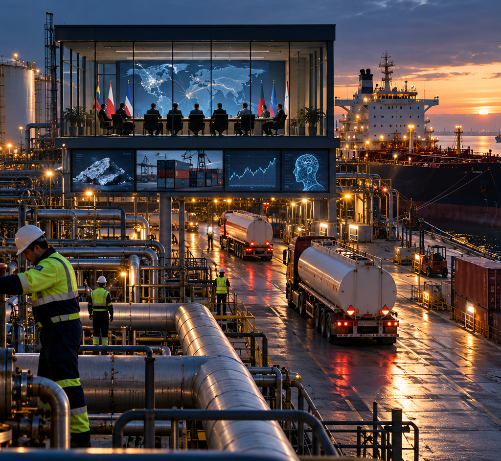 G7 policymakers coordinate an emergency fuel-reserve release above a busy energy terminal, with storage tanks, tanker trucks, cargo containers and an oil tanker illustrating global supply and trade pressures.