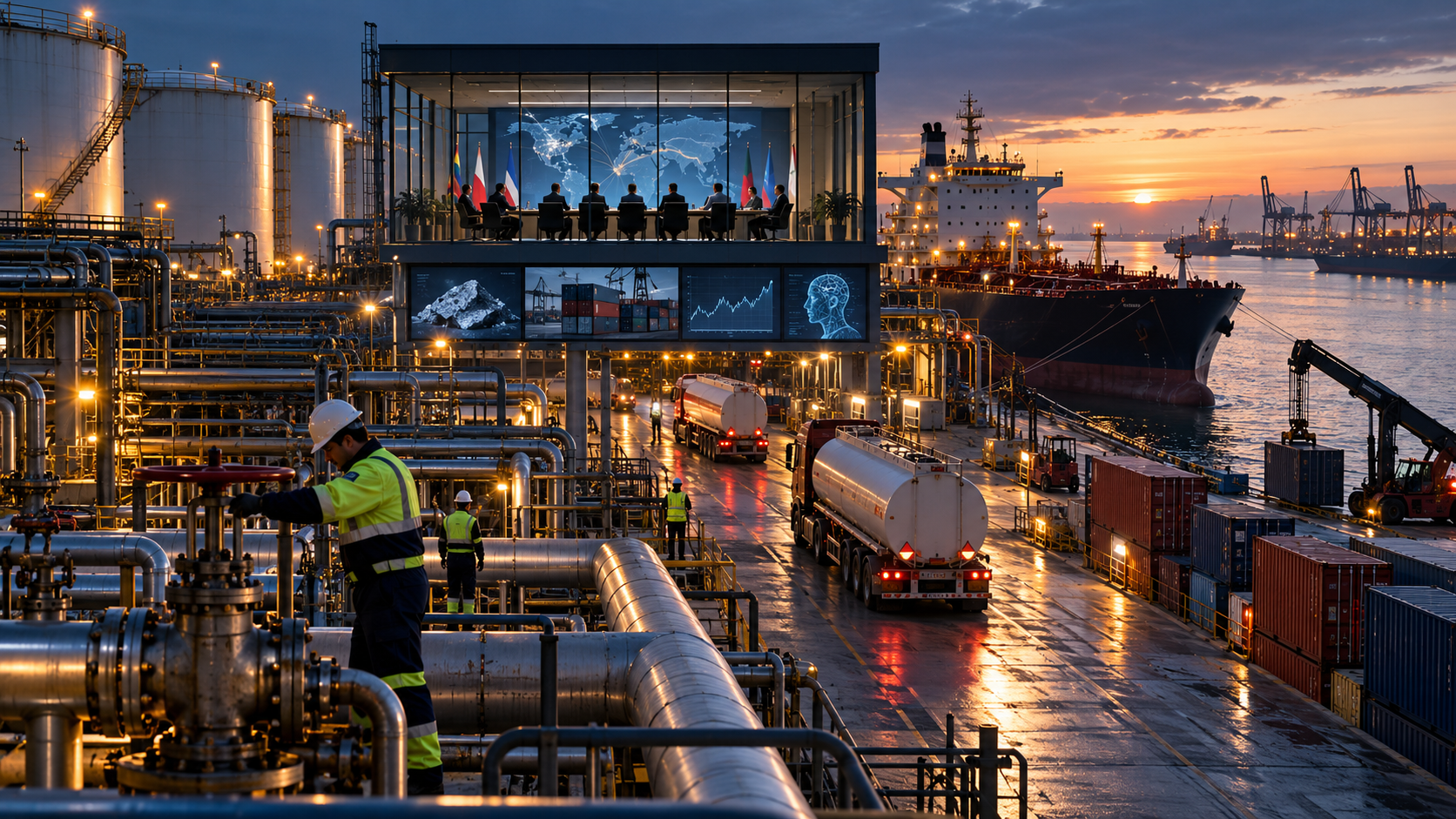 G7 policymakers coordinate an emergency fuel-reserve release above a busy energy terminal, with storage tanks, tanker trucks, cargo containers and an oil tanker illustrating global supply and trade pressures.
