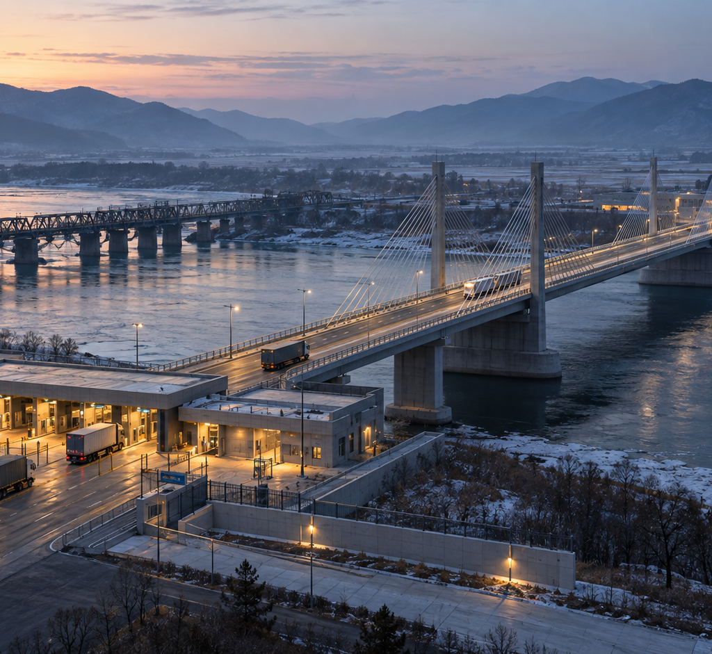 An unmarked modern road bridge and an older rail bridge cross a cold river between illuminated customs terminals at dawn.