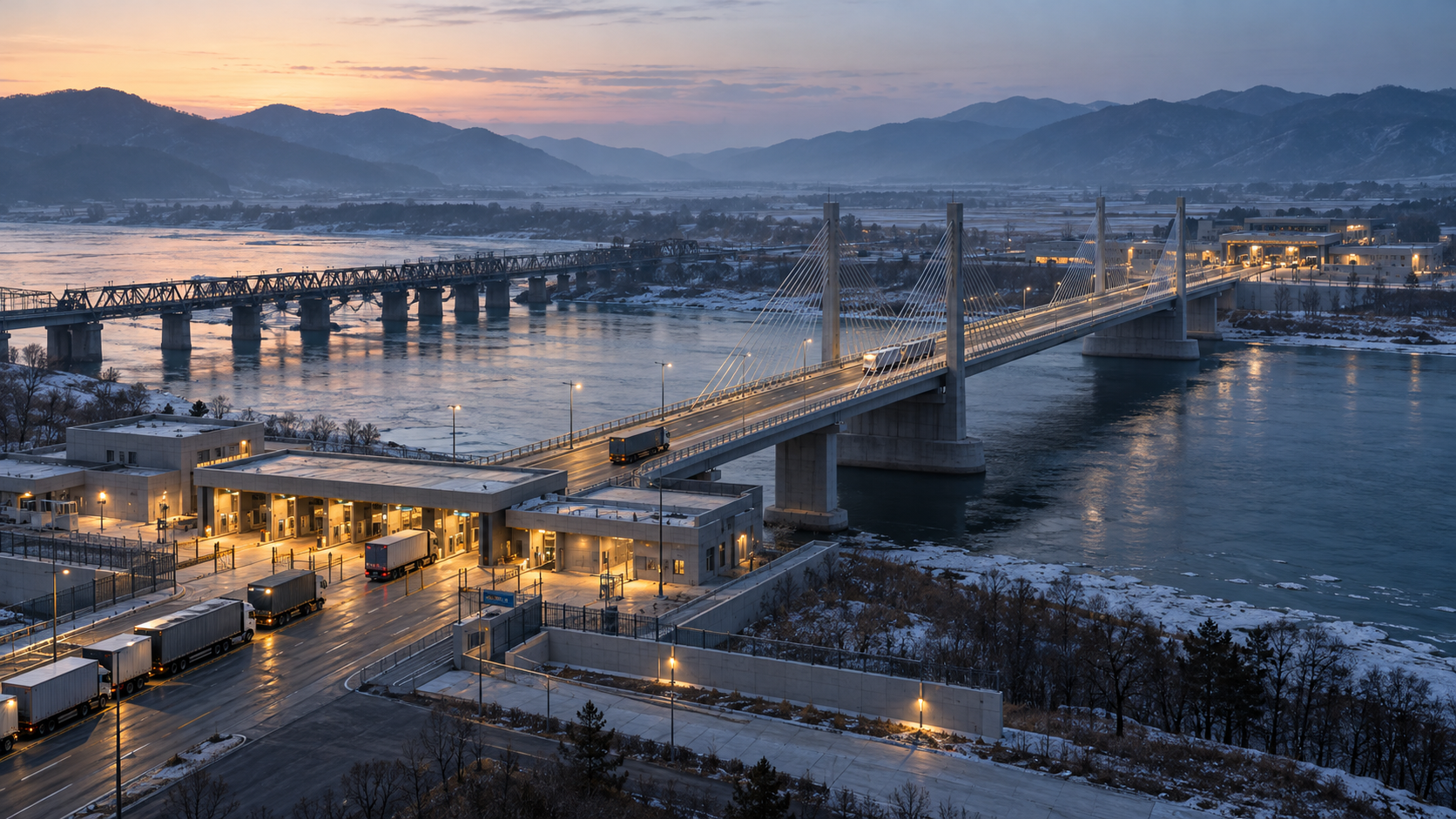 An unmarked modern road bridge and an older rail bridge cross a cold river between illuminated customs terminals at dawn.
