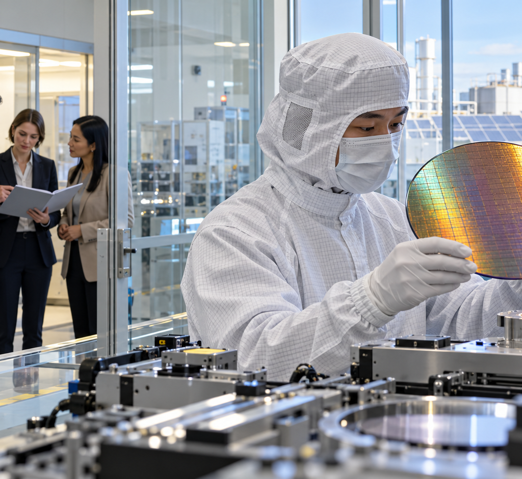 A cleanroom engineer examines a silicon wafer while three business visitors review documents behind a glass partition.