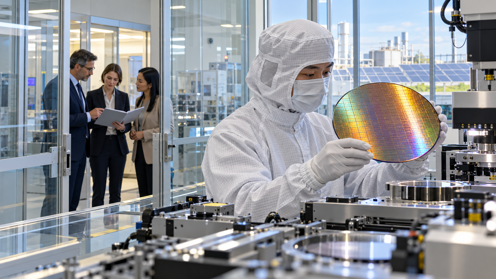 A cleanroom engineer examines a silicon wafer while three business visitors review documents behind a glass partition.