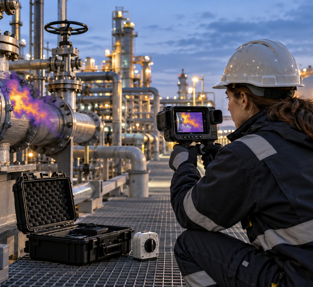 An environmental technician uses an optical gas-imaging camera to inspect a pipe junction at an unmarked LNG terminal at dawn.