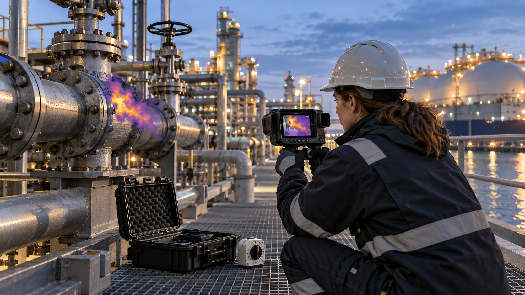 An environmental technician uses an optical gas-imaging camera to inspect a pipe junction at an unmarked LNG terminal at dawn.