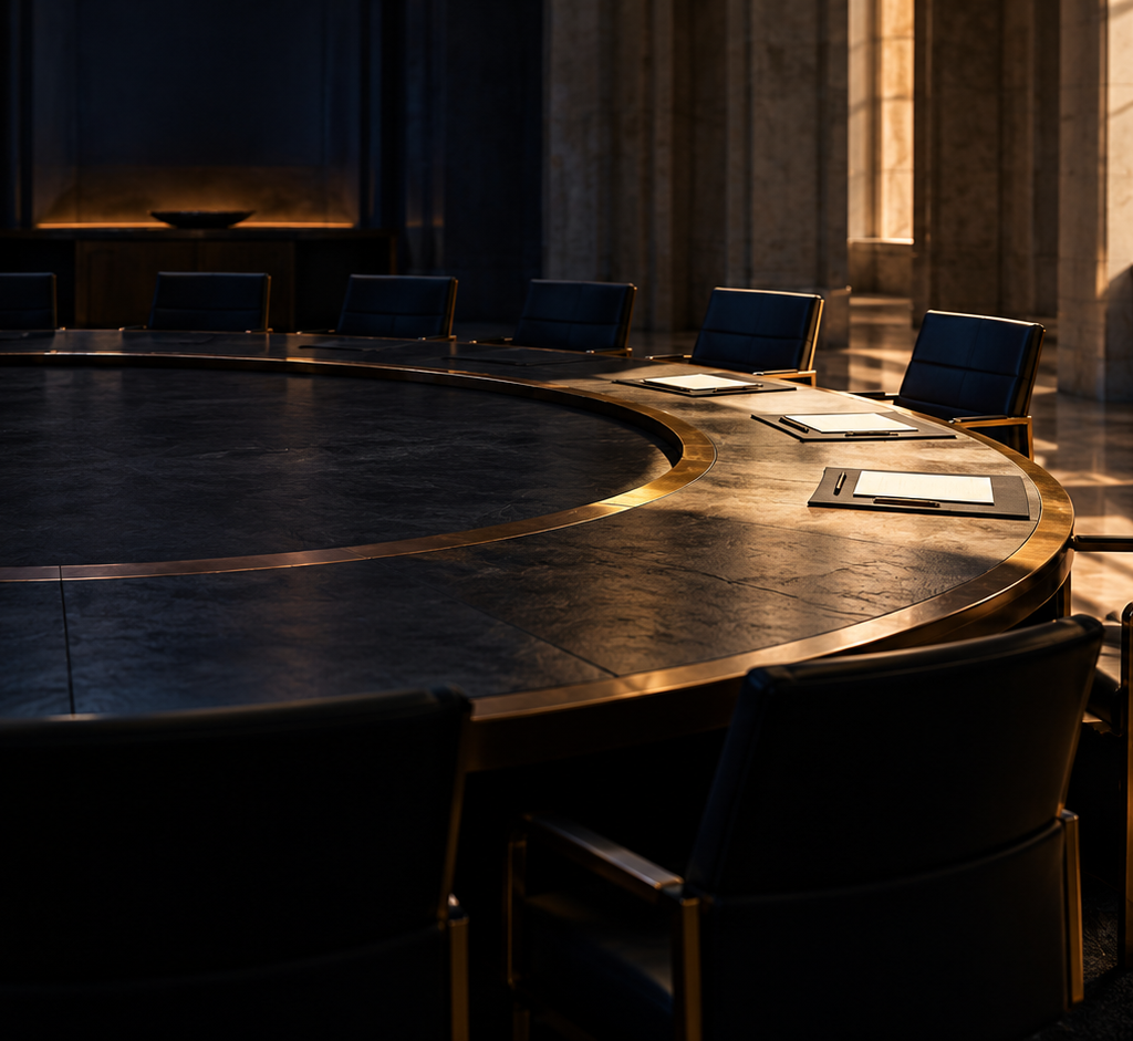 An empty circular conference table with only a few chairs and blank folders illuminated by daylight while other seats remain in shadow.