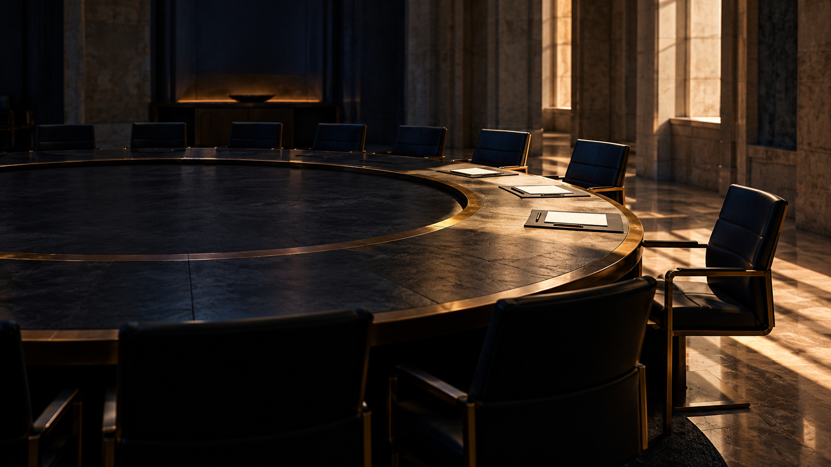 An empty circular conference table with only a few chairs and blank folders illuminated by daylight while other seats remain in shadow.