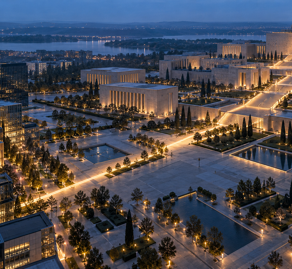 A narrow illuminated route crosses from a glass business district into a monumental civic complex, where it expands through the institutional landscape.