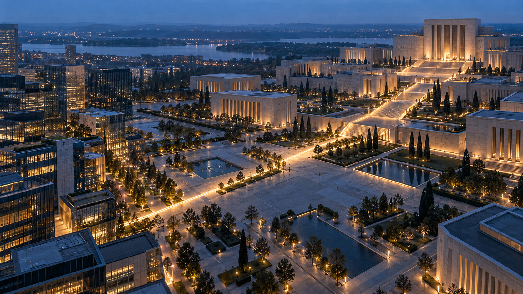 A narrow illuminated route crosses from a glass business district into a monumental civic complex, where it expands through the institutional landscape.