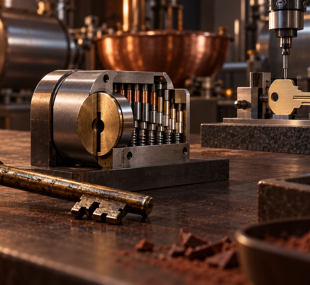 A worn brass key lies beside a reconfigured precision lock while a new key is cut in a chocolate-making workshop