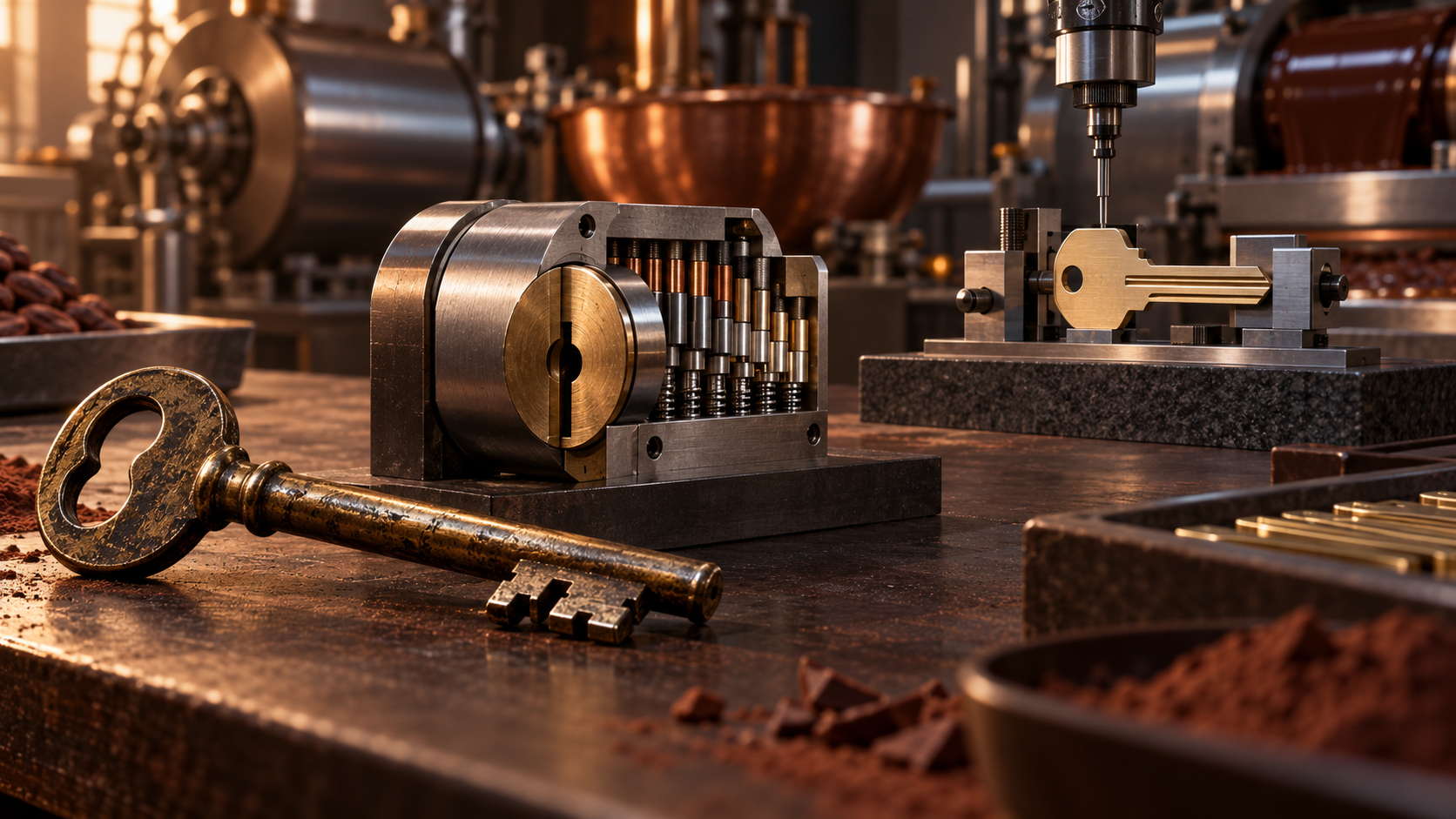 A worn brass key lies beside a reconfigured precision lock while a new key is cut in a chocolate-making workshop