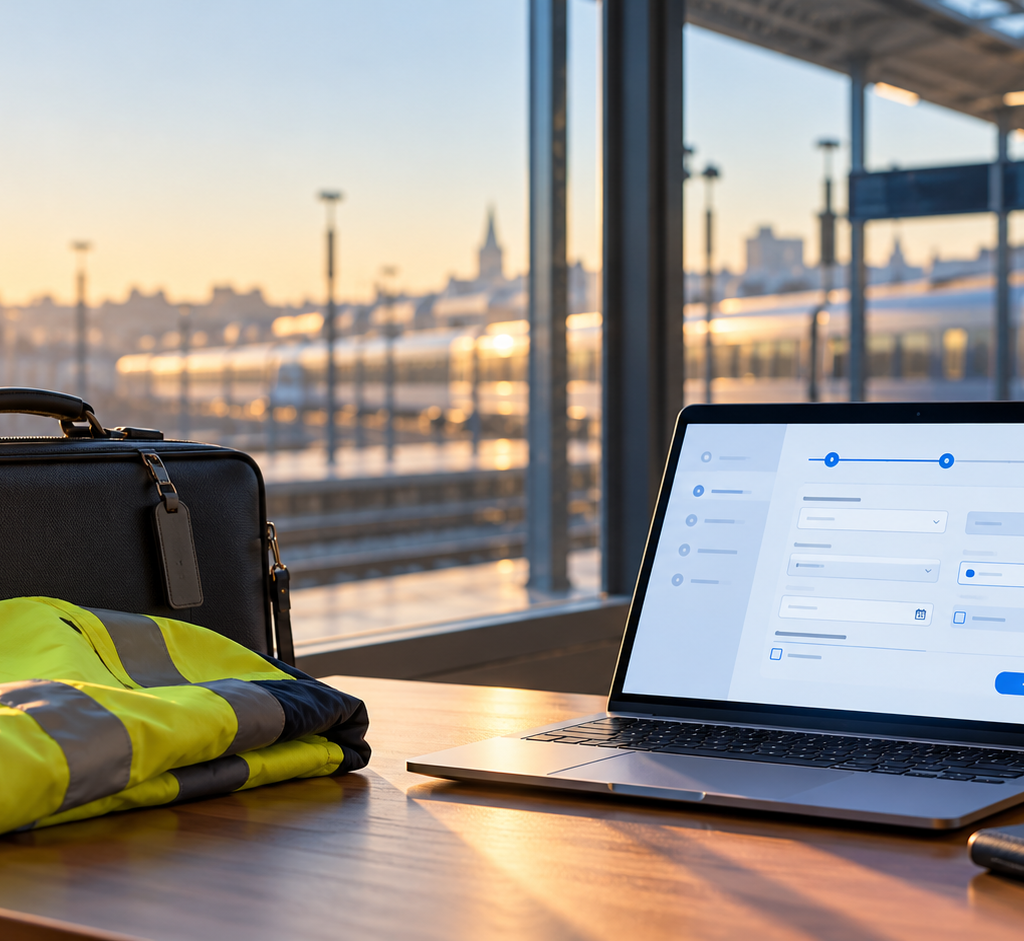 Conceptual image of a work suitcase, folded high-visibility jacket and laptop displaying an abstract online form beside a train station.