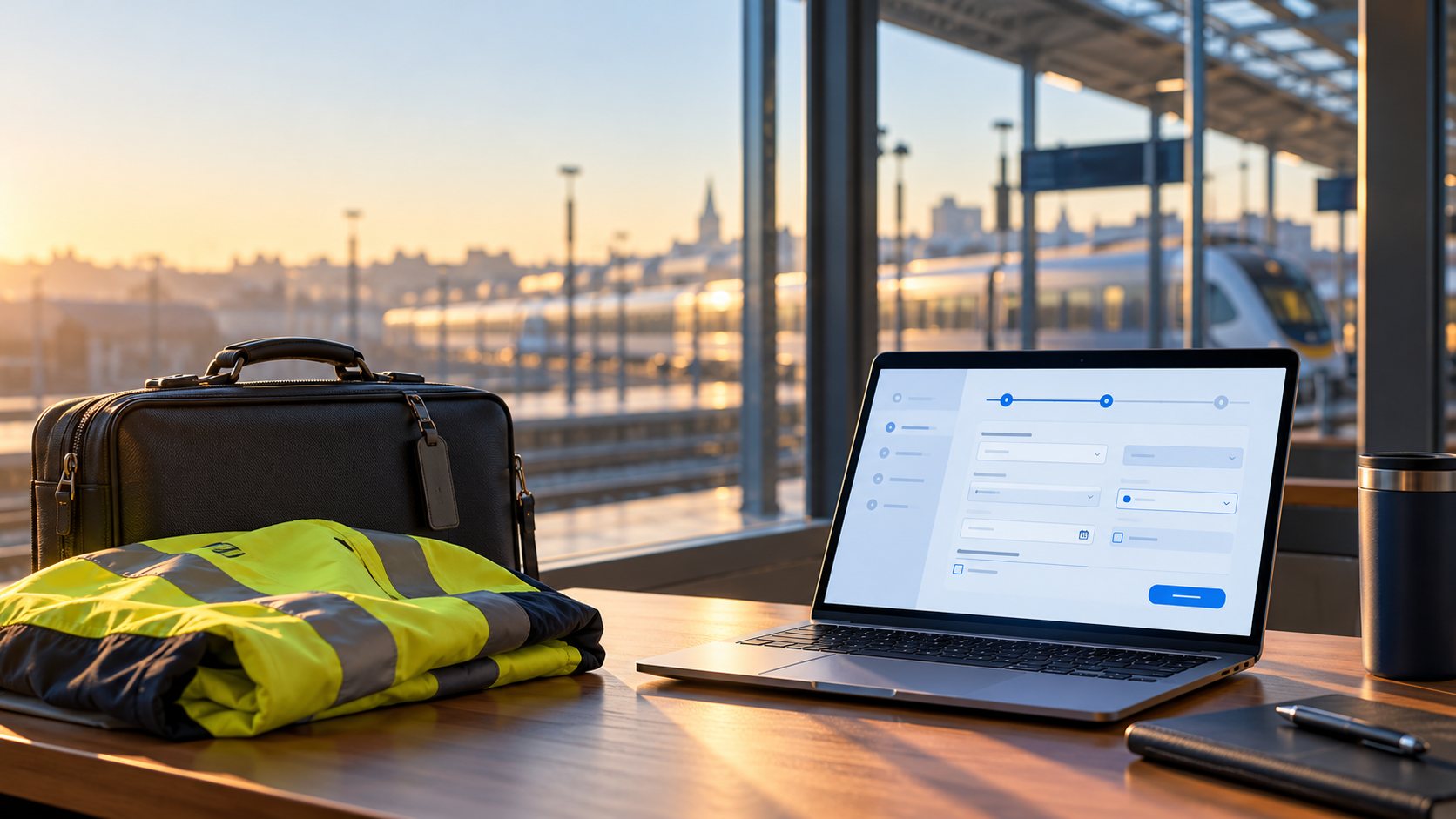 Conceptual image of a work suitcase, folded high-visibility jacket and laptop displaying an abstract online form beside a train station.