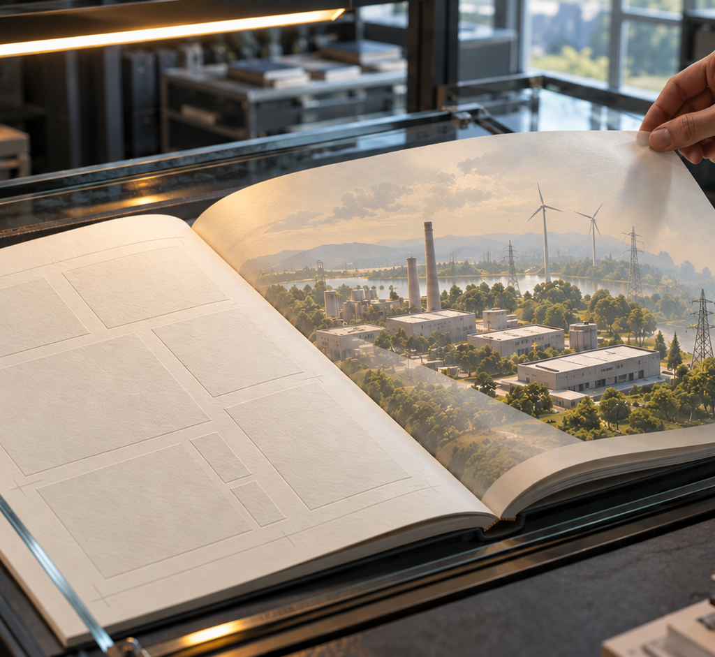 A hand turns a translucent page in an unmarked sustainability report, revealing an industrial landscape with power lines and wind turbines.