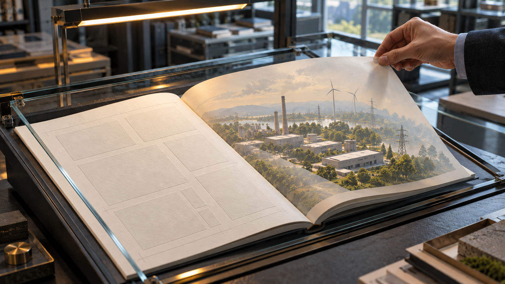 A hand turns a translucent page in an unmarked sustainability report, revealing an industrial landscape with power lines and wind turbines.