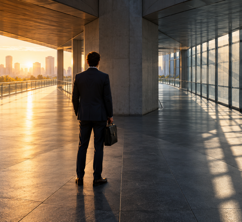 : A professional carrying a briefcase pauses between two open corridors in a sunlit modern building.