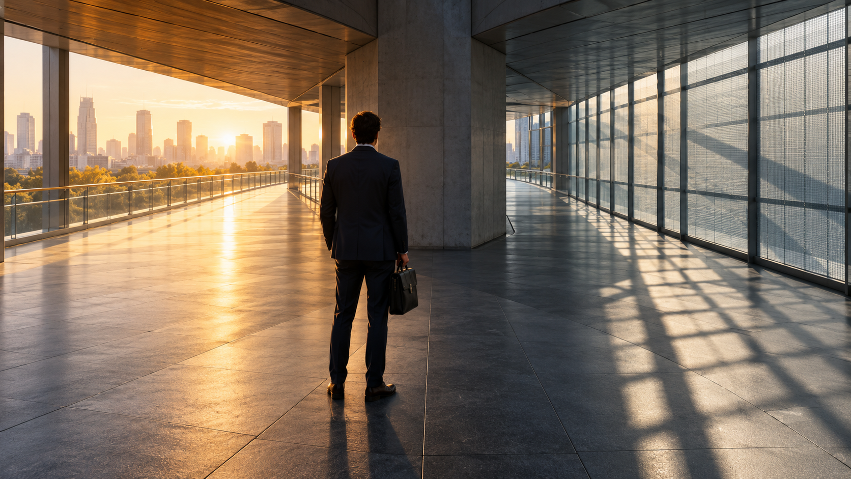 : A professional carrying a briefcase pauses between two open corridors in a sunlit modern building.