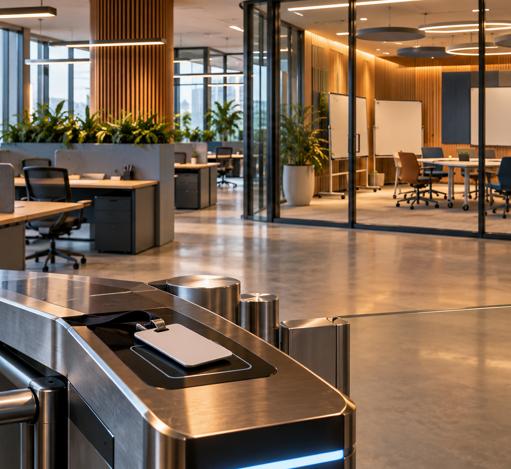An unbranded access badge rests on an office turnstile while empty desks and a purpose-built collaboration room appear beyond.
