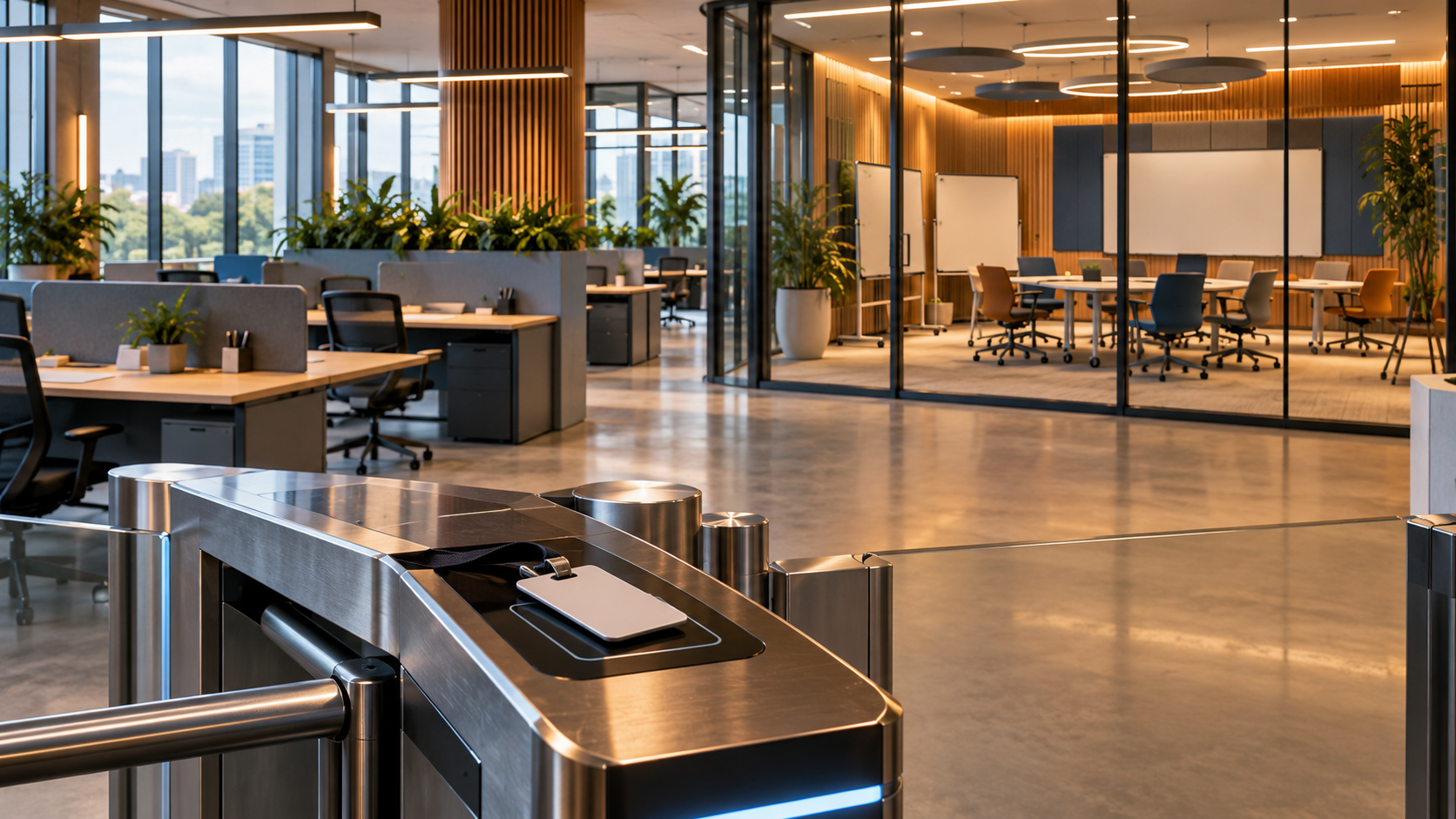 An unbranded access badge rests on an office turnstile while empty desks and a purpose-built collaboration room appear beyond.