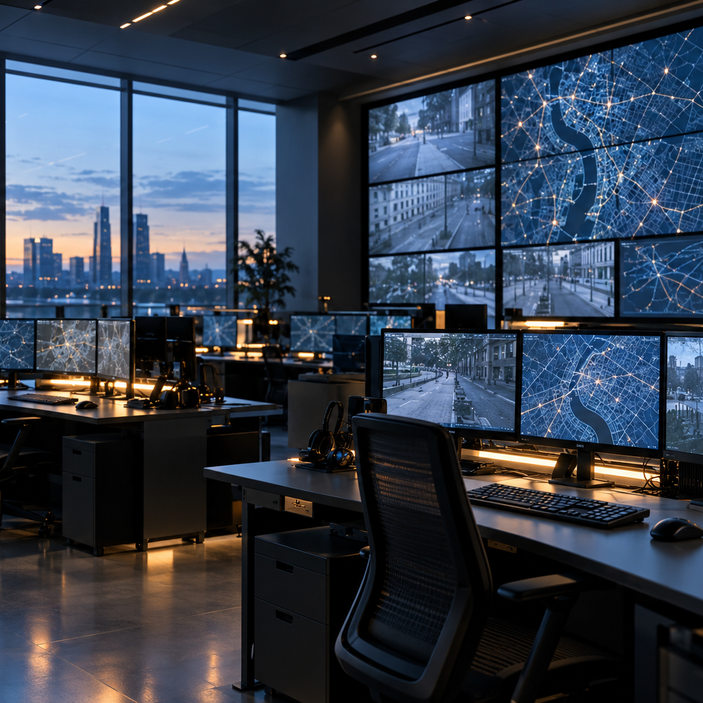 Empty municipal security operations room at dawn with unlabeled city maps and anonymous street views displayed across multiple monitors.