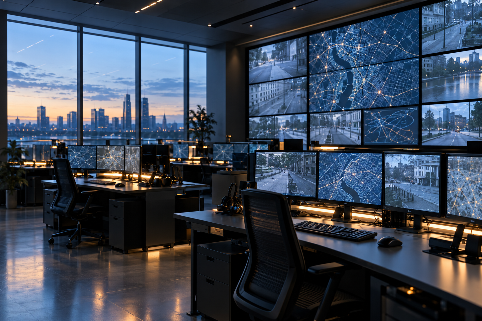 Empty municipal security operations room at dawn with unlabeled city maps and anonymous street views displayed across multiple monitors.