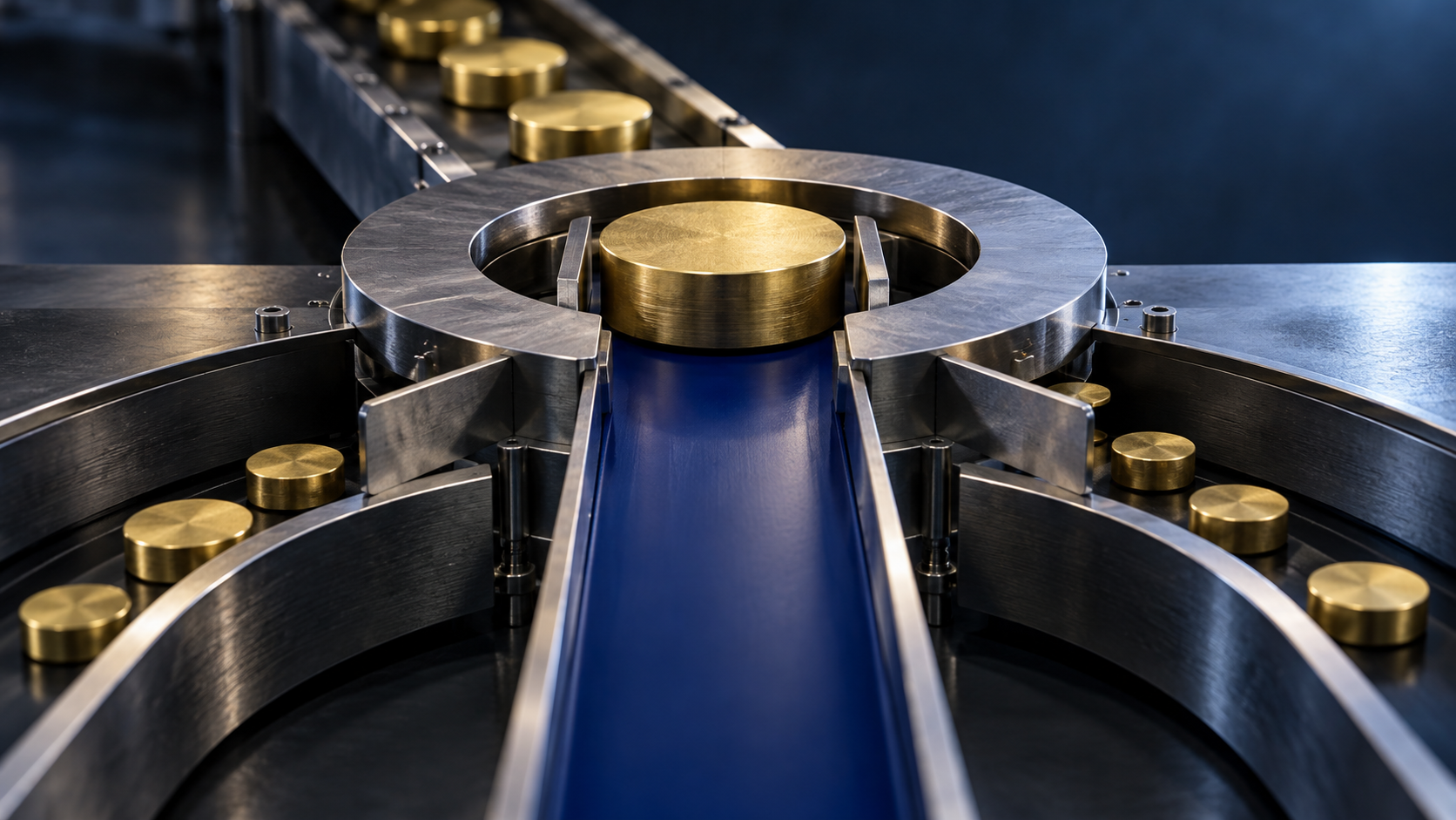 A precision metal sorting mechanism routes brass discs of different sizes through central and side channels.
