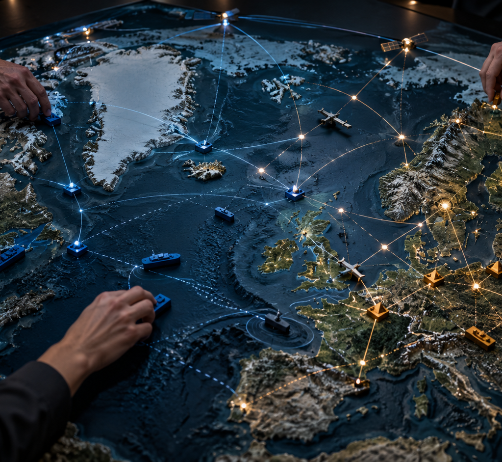 Several planners move blue and amber markers across a relief map of the North Atlantic, Arctic and Europe linked by illuminated routes.