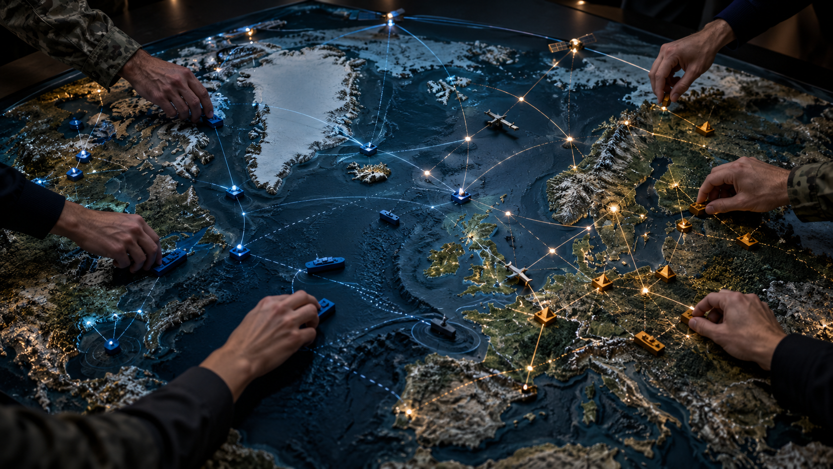 Several planners move blue and amber markers across a relief map of the North Atlantic, Arctic and Europe linked by illuminated routes.