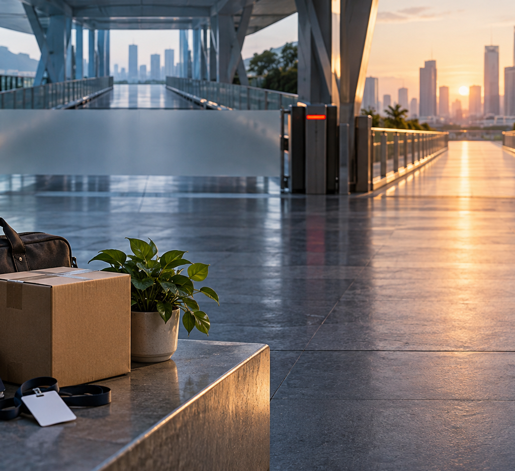 A laptop bag, moving box, blank access badge, unmarked passport-sized booklet and desk plant sit beside two transit corridors, one blocked and one open.