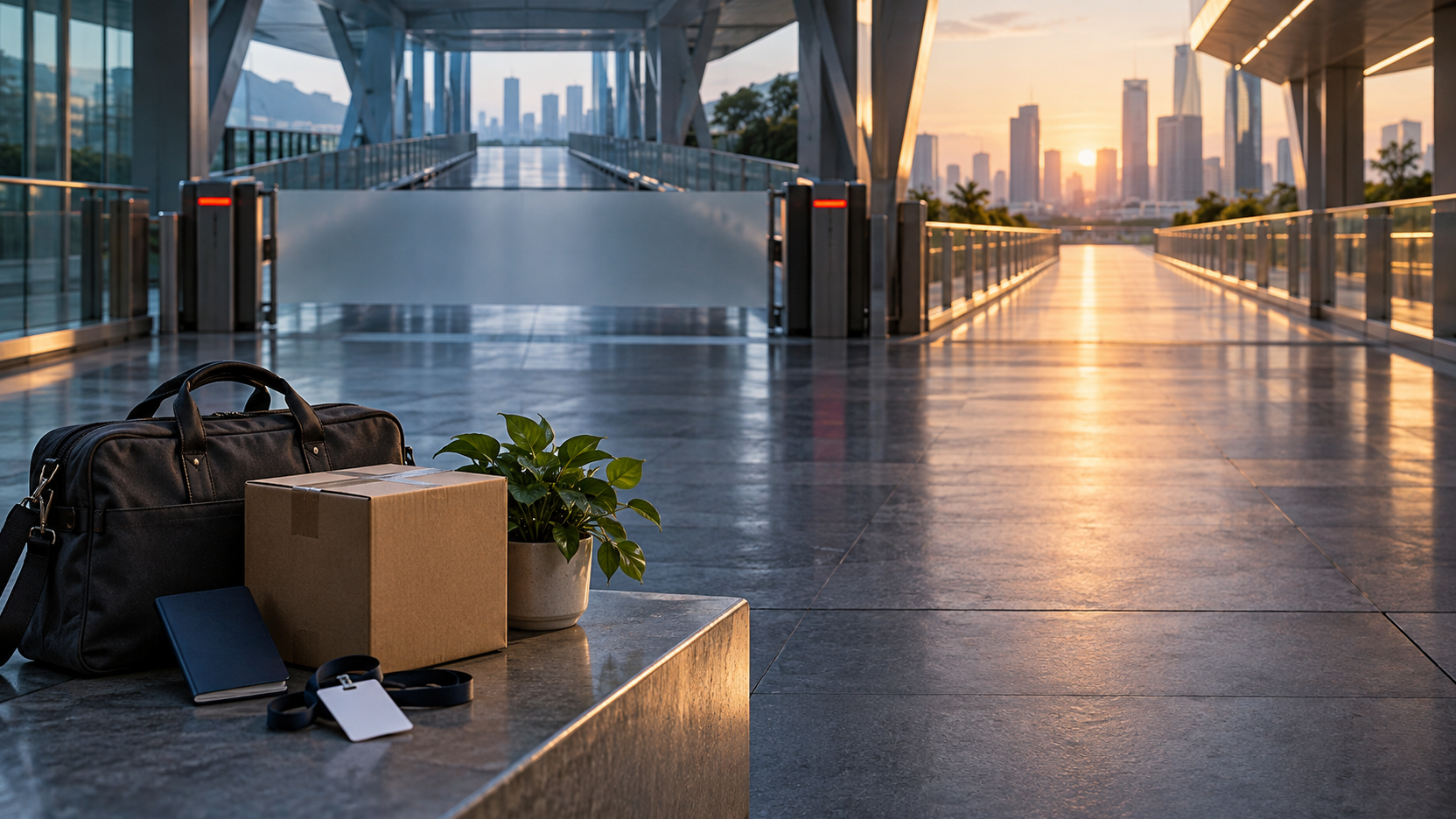 A laptop bag, moving box, blank access badge, unmarked passport-sized booklet and desk plant sit beside two transit corridors, one blocked and one open.